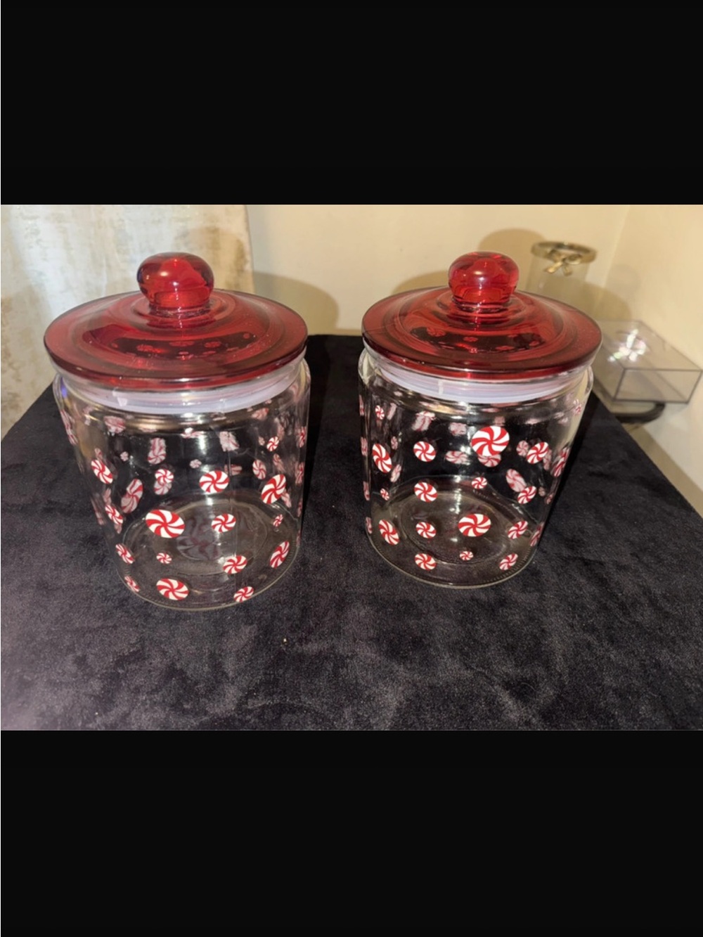 Set of 2 Glass Candy Canister Jars with Red Lids